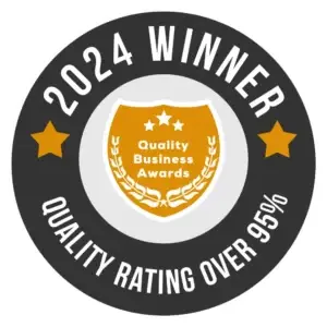 2024 Winner badge from Quality Business Awards for Radiant and Renewed Aesthetics, noting a quality rating over 95%.
