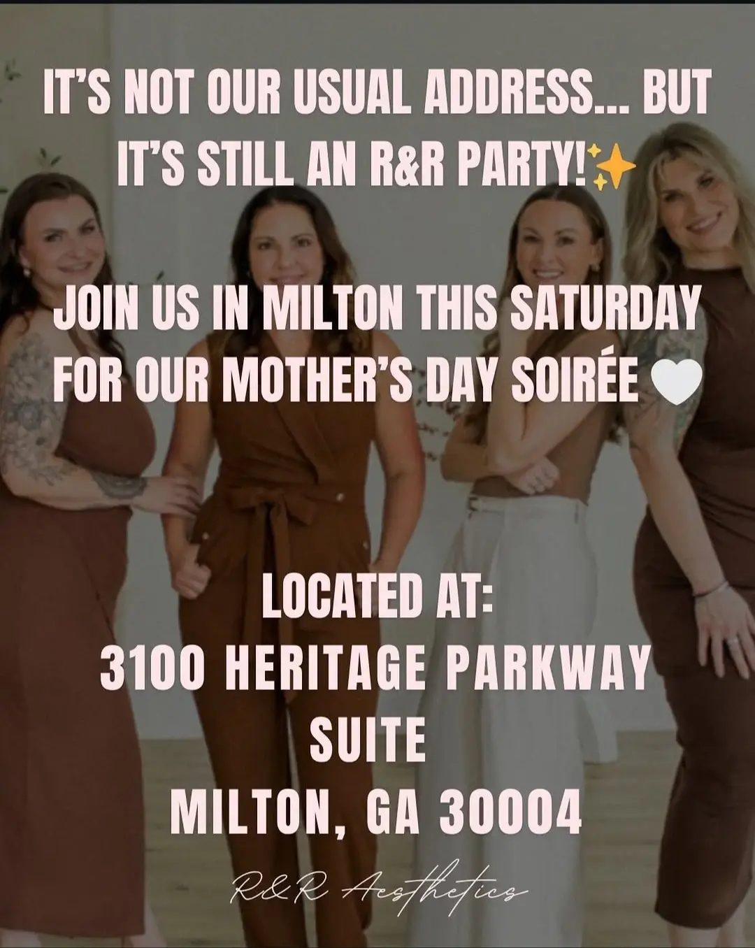 Promotional graphic for the Mother's Day Soirée at Radiant and Renewed Aesthetics in Roswell, GA, featuring event details and a floral aesthetic to celebrate local mothers.