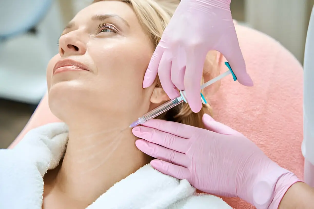 A side profile of a woman with a sleek and sculpted jawline, showcasing the non-surgical results of a Nefertiti Neck Lift.